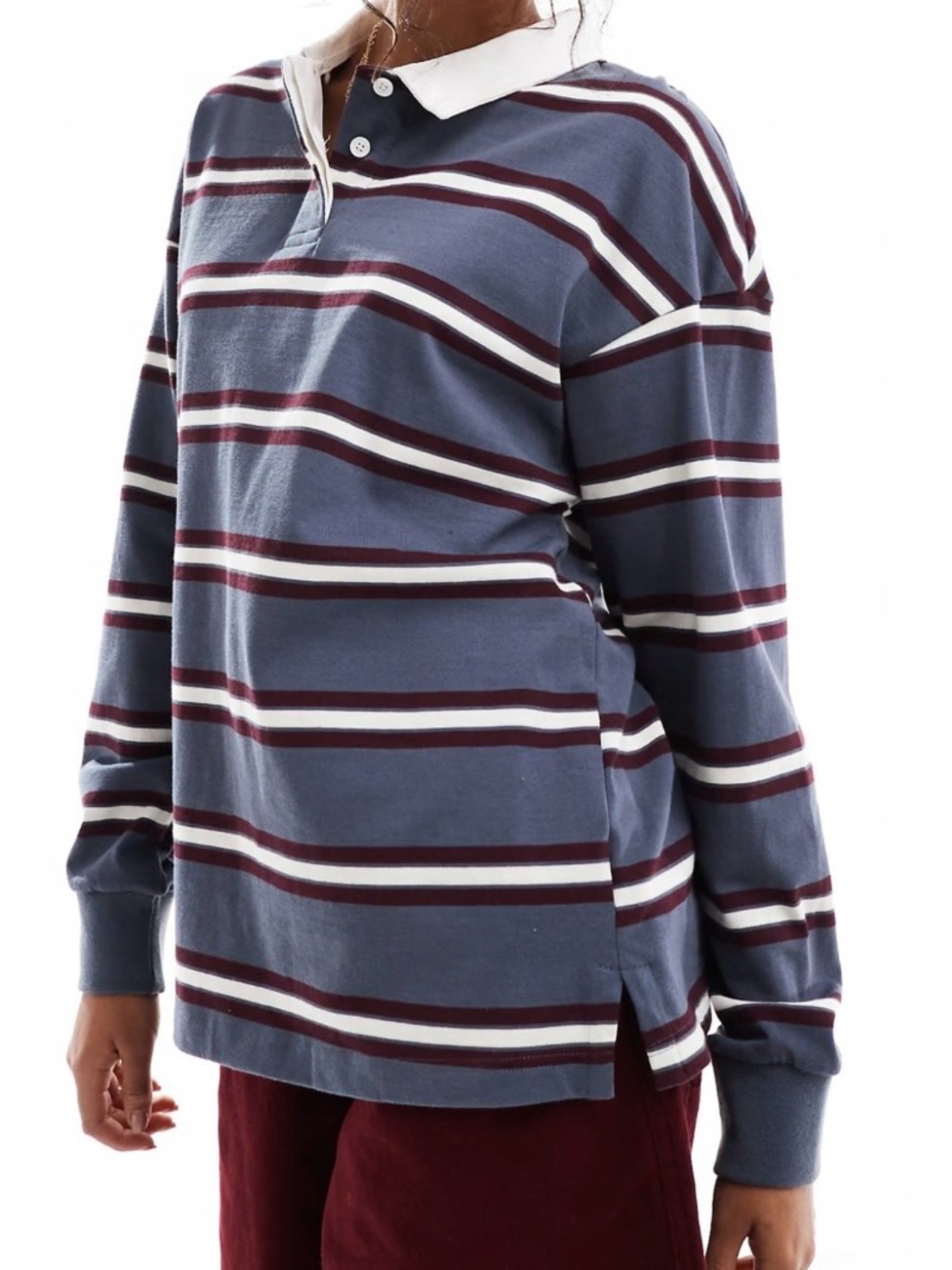 Cotton On Women’s Rugby Polo Shirt Long Sleeve Slate Blue Stripe Size Large